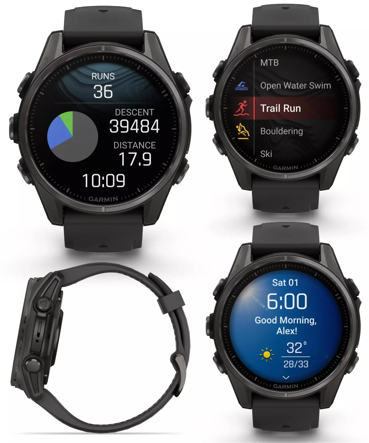 Garmin fenix 8 - 43 mm Sapphire, AMOLED, Carbon Gray DLC Titanium with Black/Pebble Gray Silicone GPS Smartwatch with White Earbuds