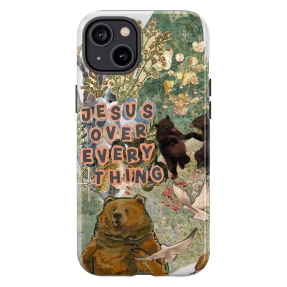 Jesus Over Everything Phone Case, Aesthetic Christian Nature Bear Collage Cover for iPhone 17 16 15 14 13 12 11 Plus Pro Max Mini