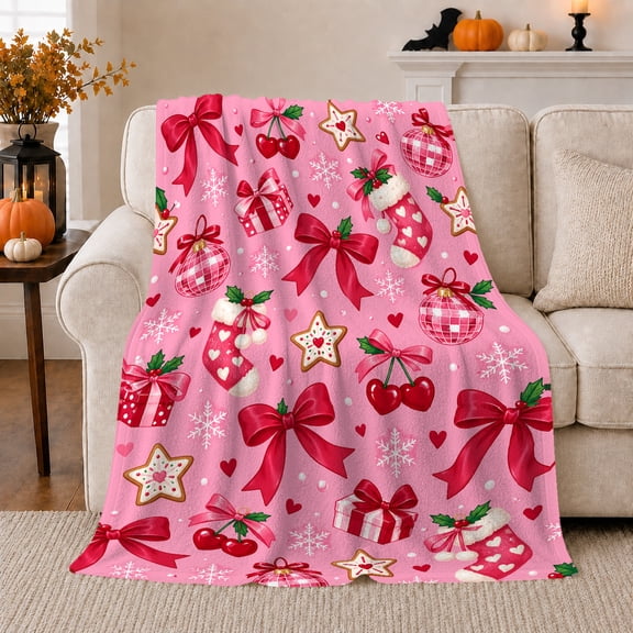 Festive Christmas Bows Stockings Cheerful Holiday Plush, Festive Holiday Scene, Warm Flannel Blanket for Living Room and Reading Nook, Art Lovers Christmas Gift, Festive Home Decor