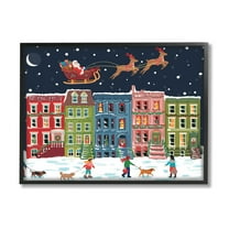 Snowy Christmas Town Santa Overhead Holiday Graphic Art Black Framed Art Print Wall Art