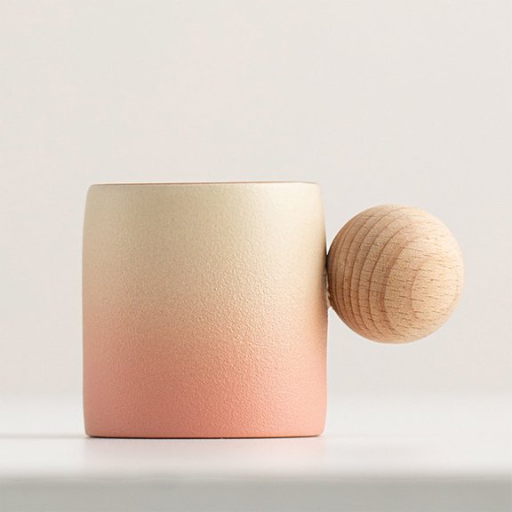 Handcrafted Ceramic Tea Cup - Creative Wood Handle Mug, High Grade Colored Ceramic Drinking Cup with Wooden Ball Handle, Casual Coffee Cups in Gradient Glaze Colors (A)
