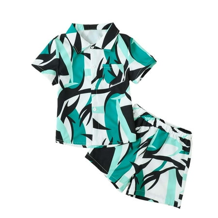 

Kucnuzki 3T Toddler Boy Summer Outfits Shorts Sets 4T Short Sleeve Cool Irregular Prints Lapel Shirt Tops WalkShorts 2PCS Set Blue