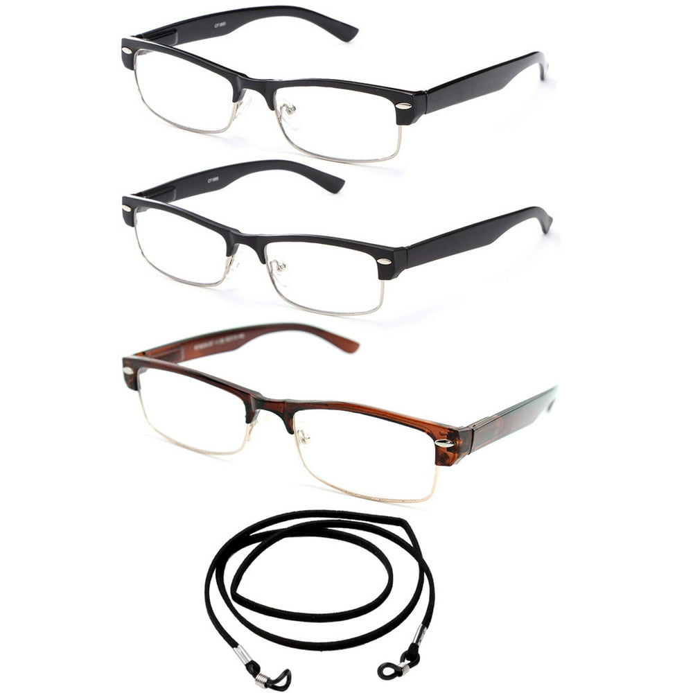 3 Pack Half Frame Semi Rimless Spring Hinge Fashion Reading Glasses