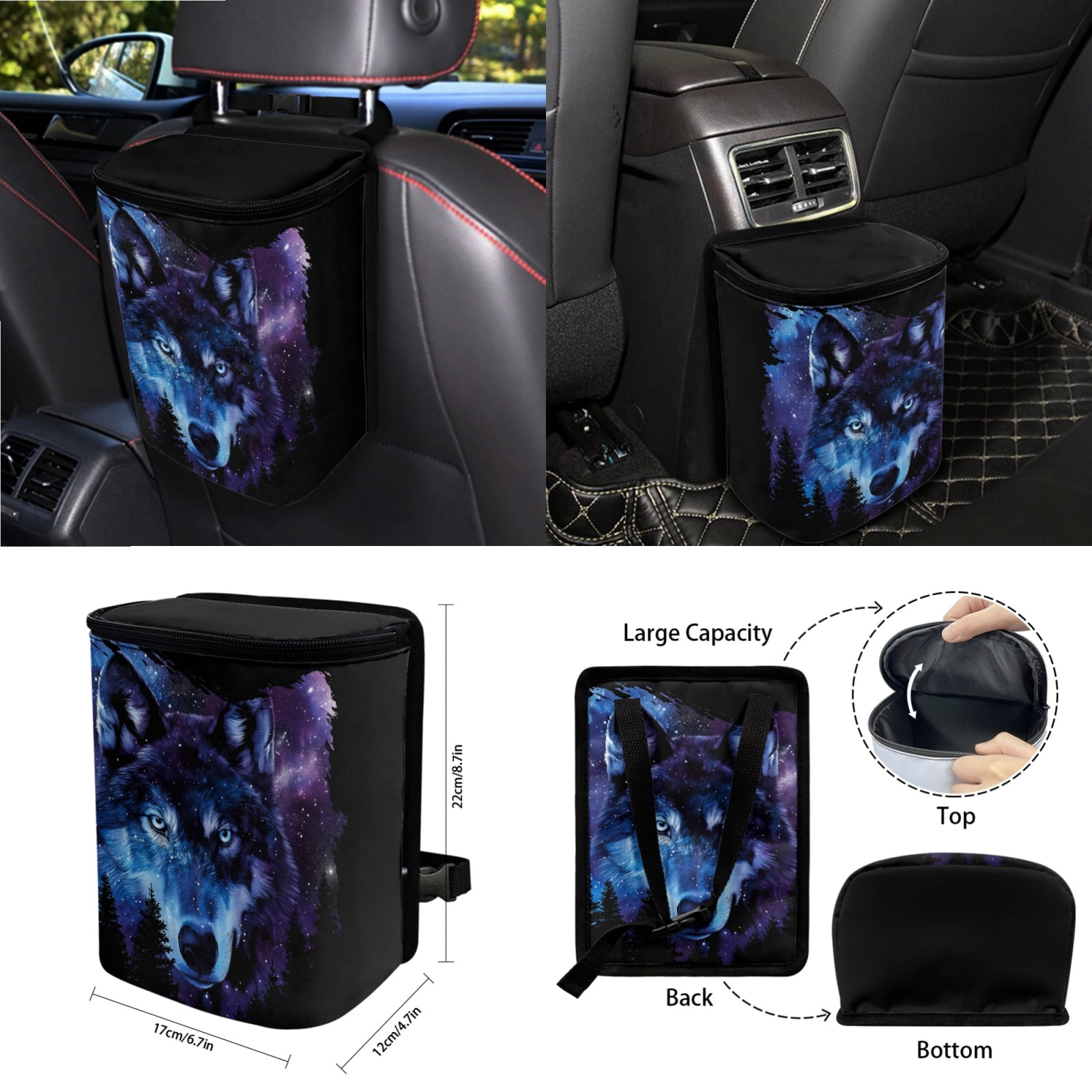 Garronmavis Star Wolf 15 PCS Universal Fit Car Seat Cover Full Set Cup Mats Car Seat Covers Steering Wheel Cover Keychain Car Trash Can Car Dash Accessories Auto Rear View Mirror Covers