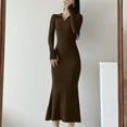 thumbnail image 4 of Fall Dresses for Women Long Sleeve Zip up V Neck Slim Fitted Mermaid Dresses Solid Color Long Dress, 4 of 7