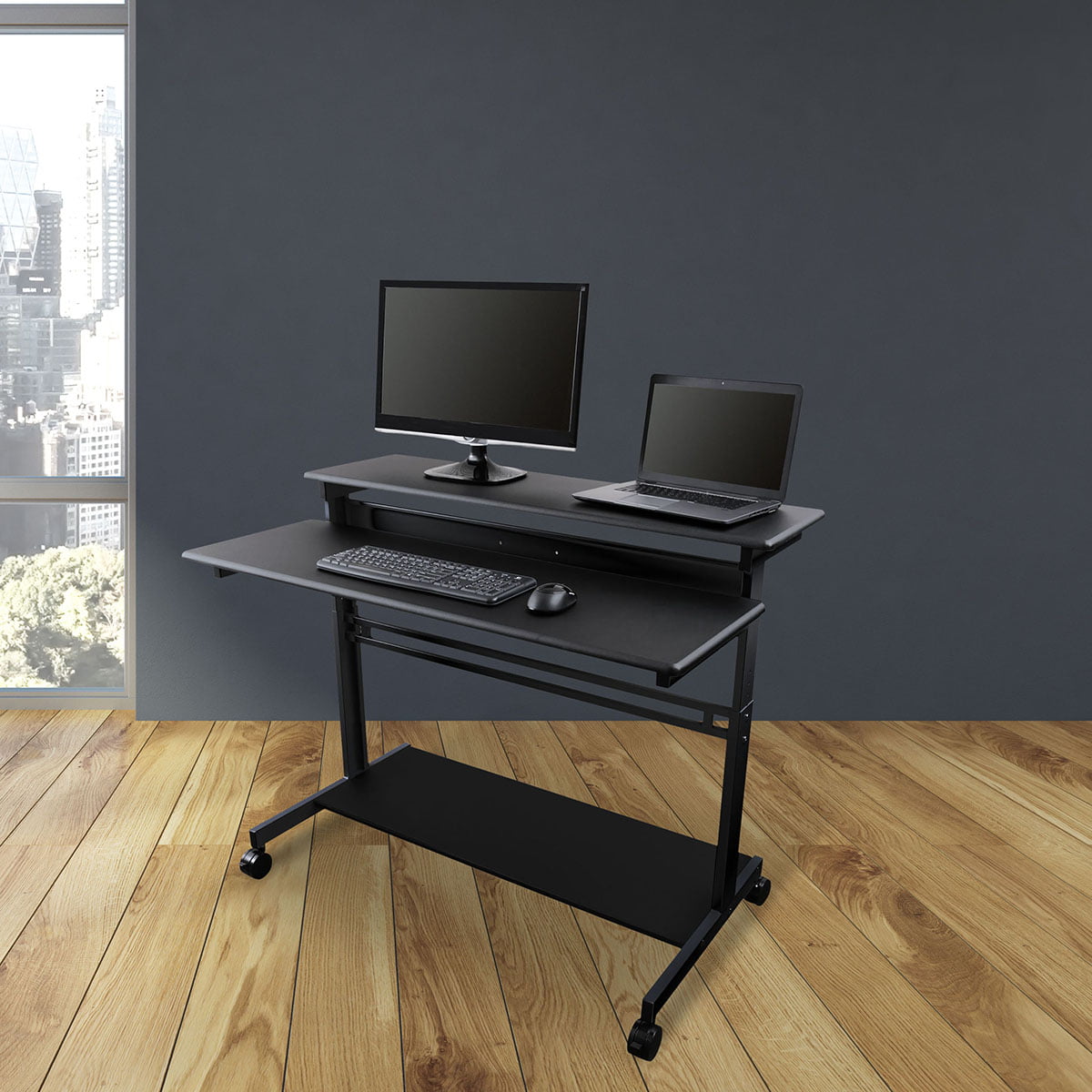 Stand Up Desk Store Rolling Adjustable Height Two Tier Standing Desk Computer Workstation (Black Frame/Black Top, 48