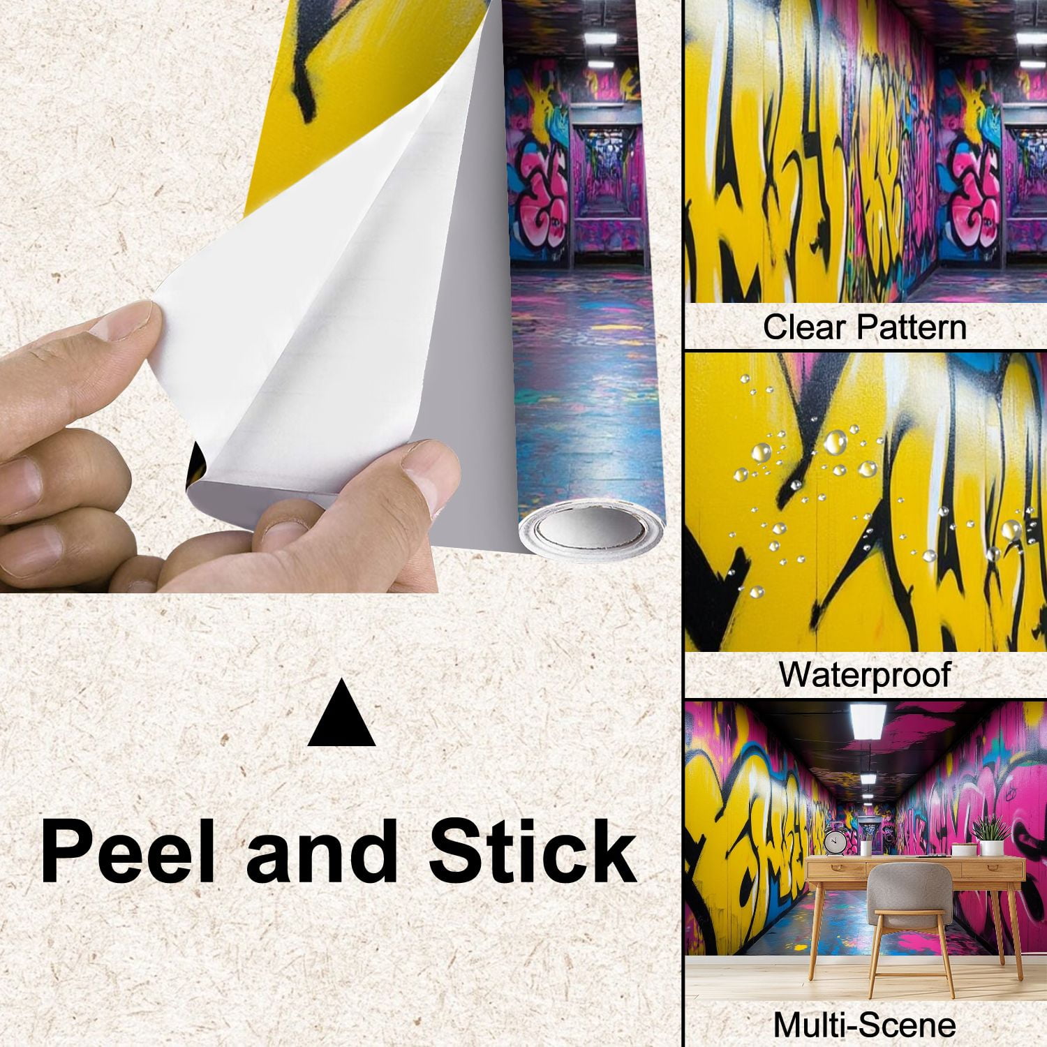 Peel and Stick Wallpaper Street Graffiti Colorful Graffiti Hip Hop Doodle Photo Neon Pink Modern Art Wall Mural Decor Self Adhesive and Removable 100in x 144in