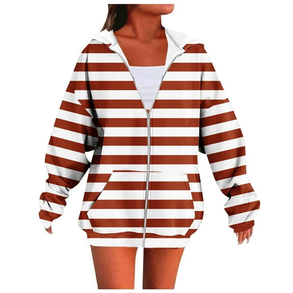 Scyoekwg Zip Up Jackets for Women Fall Fashion Striped Long Sleeve Sweatshirt Oversized Hooded Y2k Streetwear Outwear With Pocke (Red,XL)