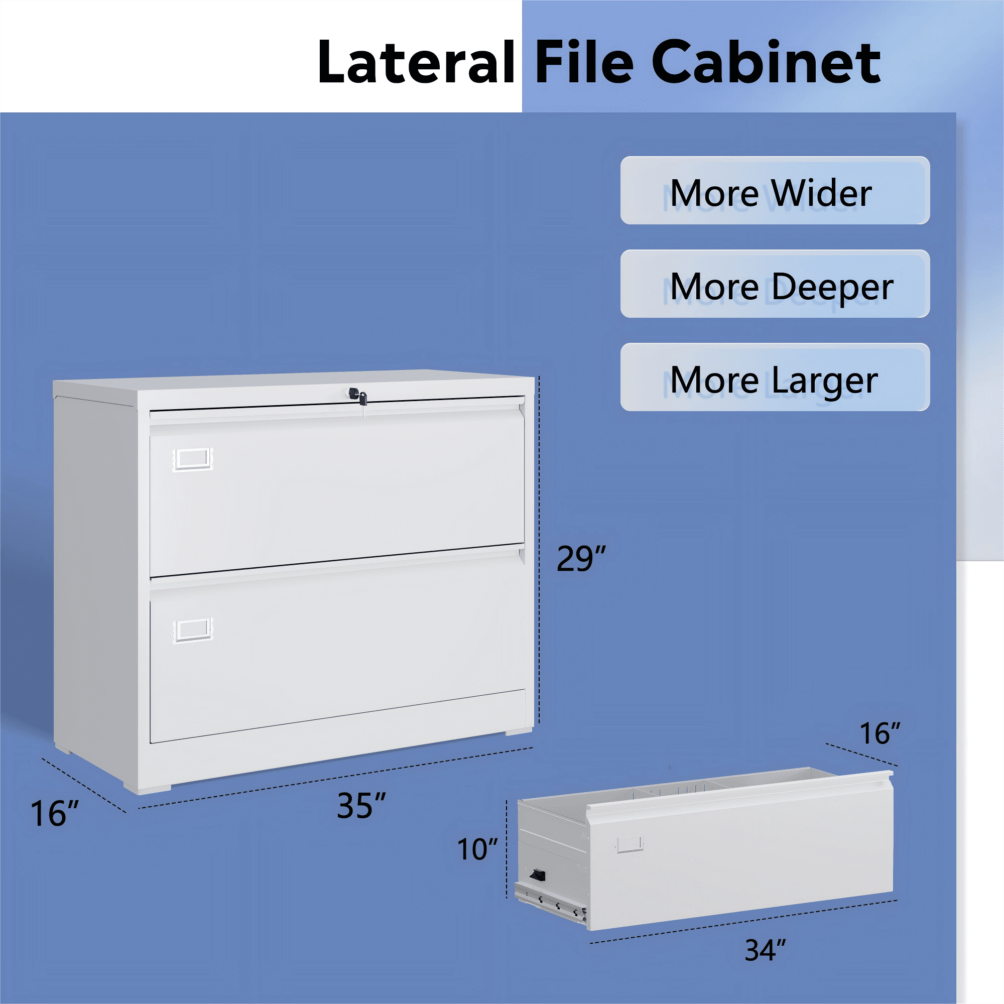 GALAXHERO 2 Drawer Lateral File Cabinet with Lock, 35" Wide Metal Filing Cabinets for Home Office, Metal Horizontal Storage Cabinet for Hanging Files Letter/A4/Legal/F4 Size, White