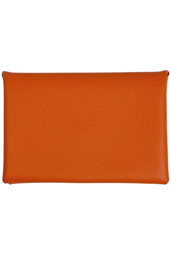 Pre-Owned Hermes Calvi business card holder/card case, Veau Gulliver leather, orange, women's.