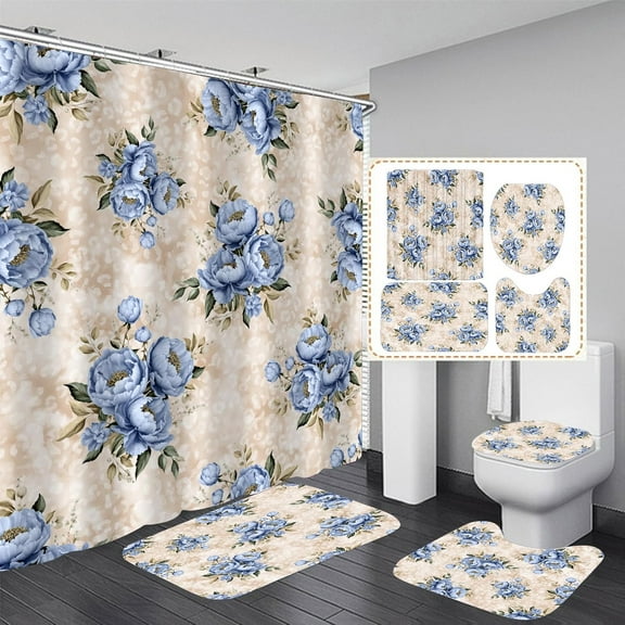 4PCS Mushroom Bathroom Shower Curtain Set with Rugs, Toilet Lid Cover and Bath Mat, Moon and Stars with 12 Hooks, Durable Bathroom Decor Set