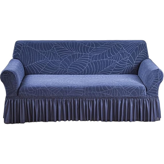 Anti fouling and scratch resistant elastic sofa cover, designed with tropical leaf folds, bottom anti slip fixation, suitable for 57-73 inch sofas, preferred for Kid, pets and families - navy blue