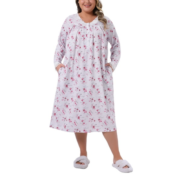 Agnes Orinda Women's Plus Size Nightgown Lace Trim Floral V Neck Long Sleeve Sleepwear Soft Chemise Lounge Nightdress Nightie 1X Burgundy