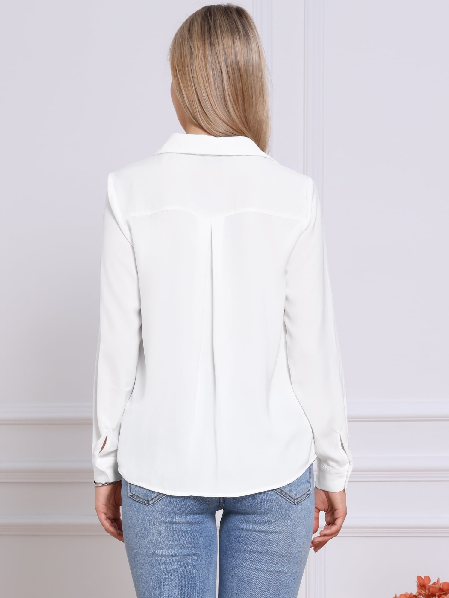 DARING DIVA Women's Button Down Long Sleeve V Neck Trendy Blouse S White