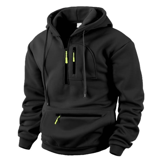 Men’s Pullover Hoodie with Adjustable Drawstring Hood and Multiple Zippered Pockets for Casual Outdoor Wear Black L