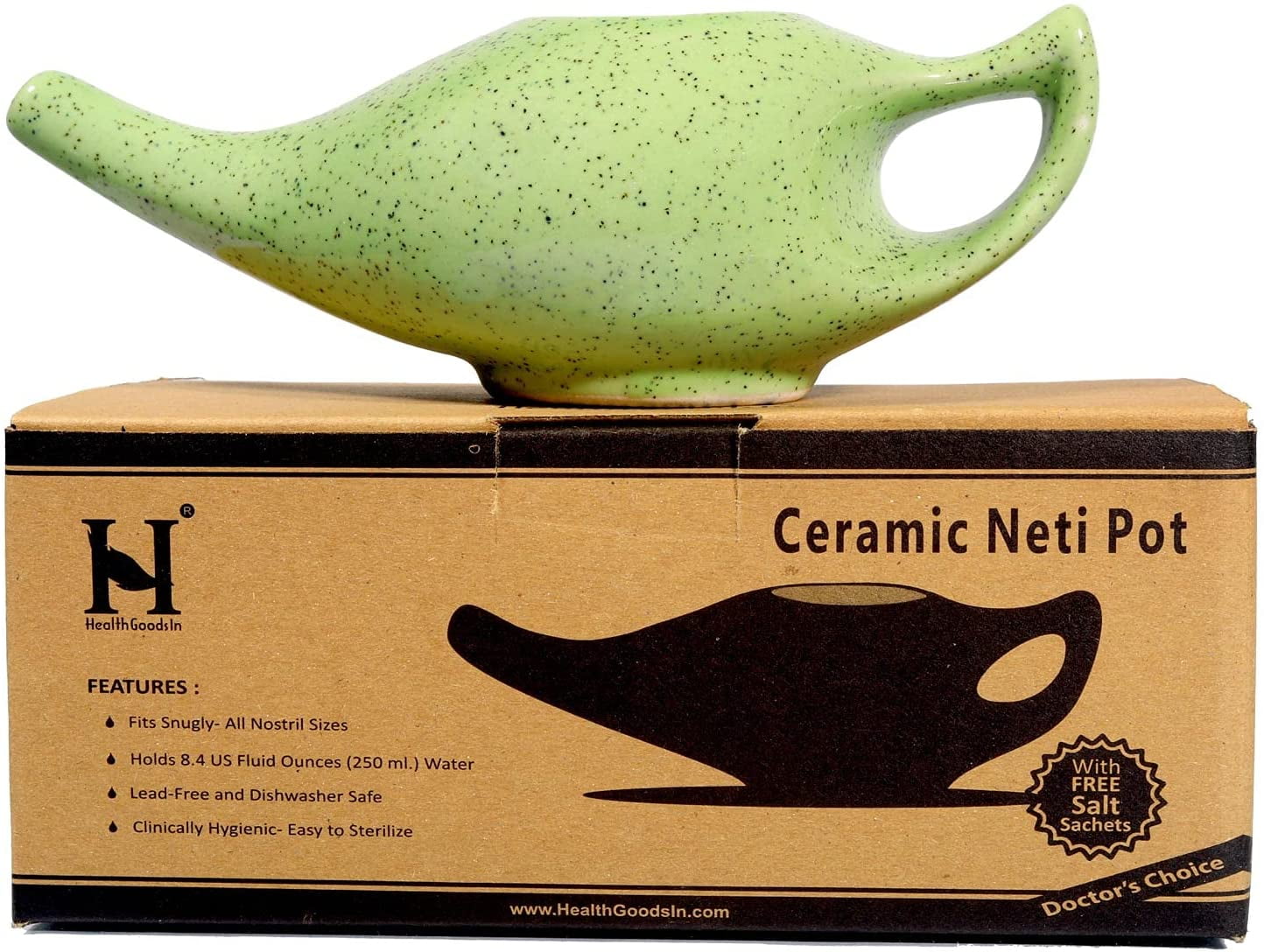 Ceramic Neti Pot Green Color for Nasal Irrigation with 5 Sachets Neti Salt