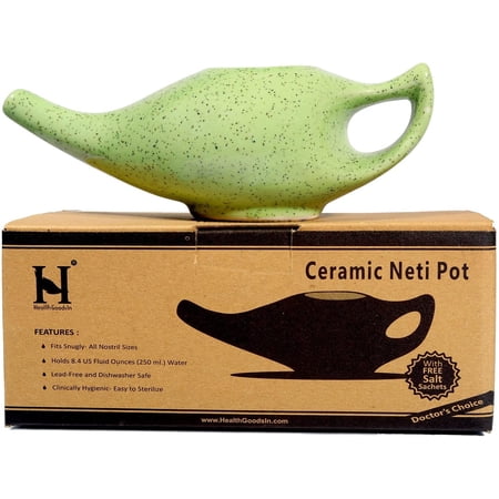Ceramic Neti Pot Green Color for Nasal Irrigation with 5 Sachets Neti Salt