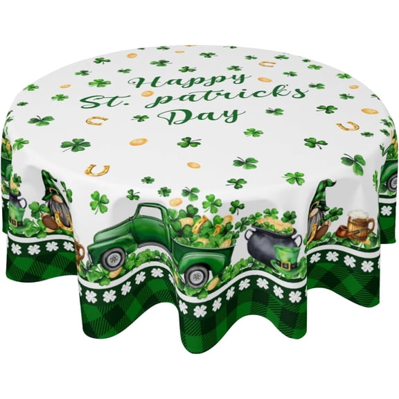 Happy St. Patrick's Day Gnomes Table Cloth Round Shamrock Trucks Green Hat Coin Buffalo Plaid Tablecloth 60 Inch Decor Washable Stain and Wrinkle Spring Round Table Cover for Dining Picnic