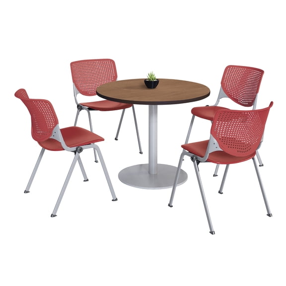 KFI Studios Mode Round 3' Dining Table Set, River Cherry, 4 Coral KOOL Chairs