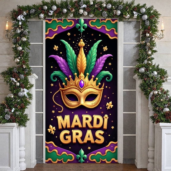 Colorful Lobster Mardi Gras Banner Cartoon Festival Display Beaded Necklace Gold Ornament Lobster Backdrop for Mardi Gras Celebration Carnival Party Photo Shoot