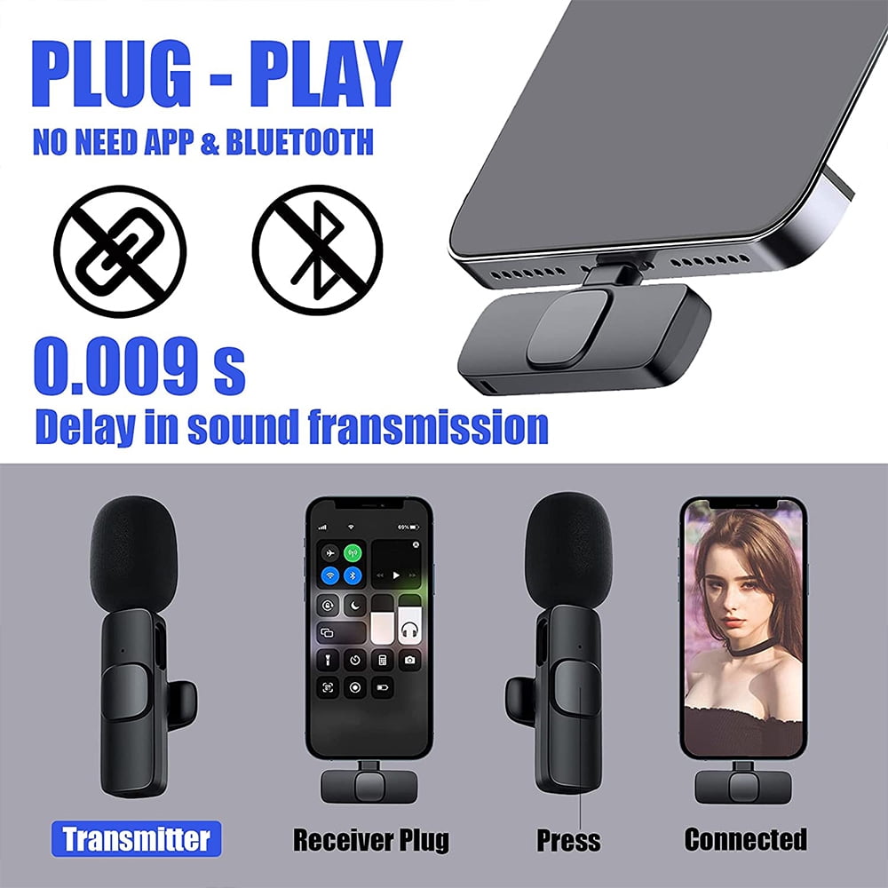 Wireless Lavalier Microphone, Wireless Lapel Mic for YouTube, Facebook Live Stream, Audio/Video Recording Compatible for iPhone/iPad, Auto-syncs Mic for Vloggers, Interview