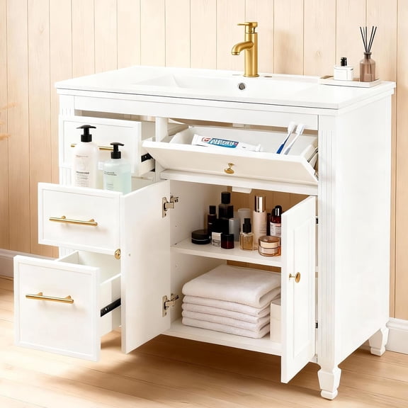 36" White Bathroom Vanity with Sink, Modern Single Bathroom Cabinet with 4 Drawers & 2 Doors, Freestanding Bathroom Sink Vanity with Ceramic Basin