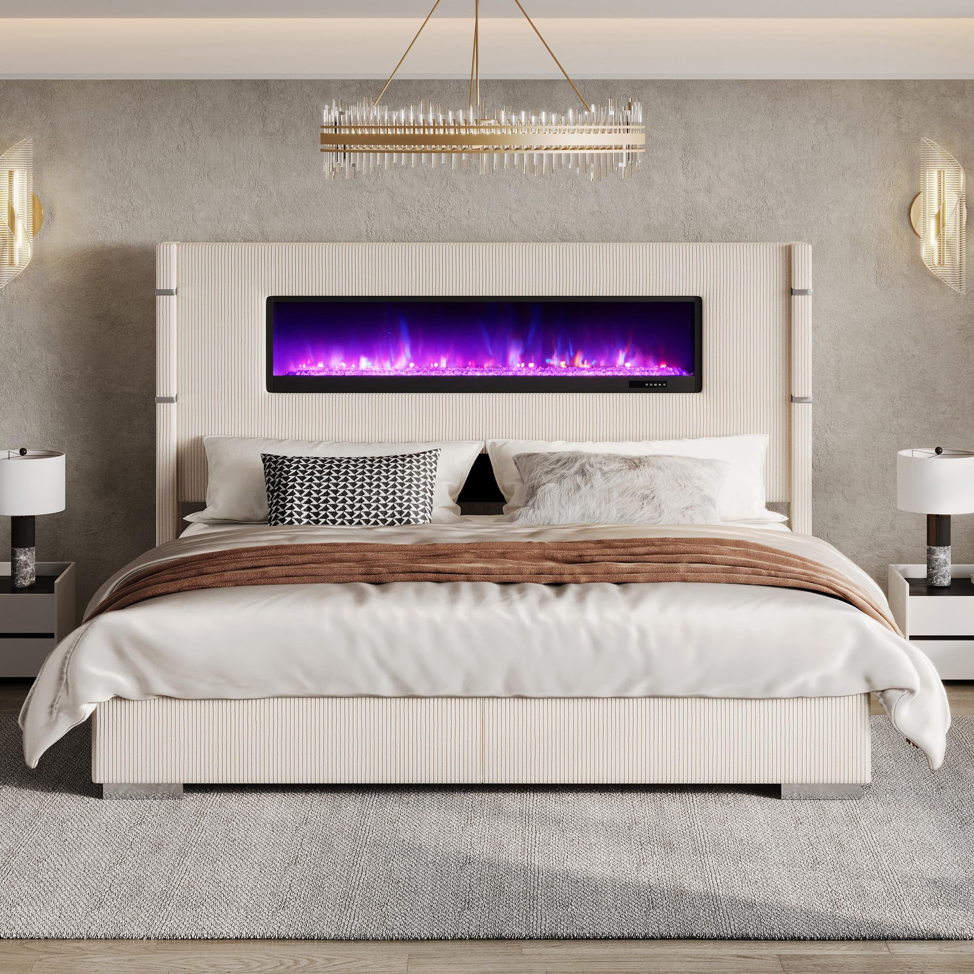 Merluxy Modern California King Size Bed Frame with Fireplace and Tall Headboard, Corduroy Upholstered Wingback Platform, Beige