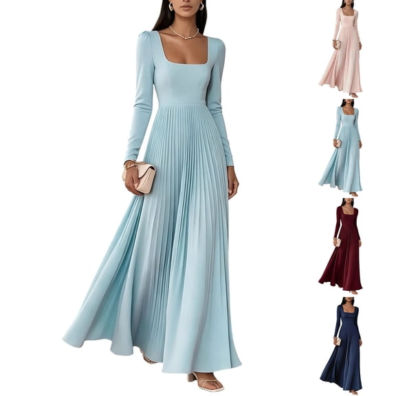 Women's Square Neck Long Sleeve Maxi Dress, Slim Fit Flowy A Line Pleated formal Gown, Elegant Evening Party Dress Sky Blue XL(XL)