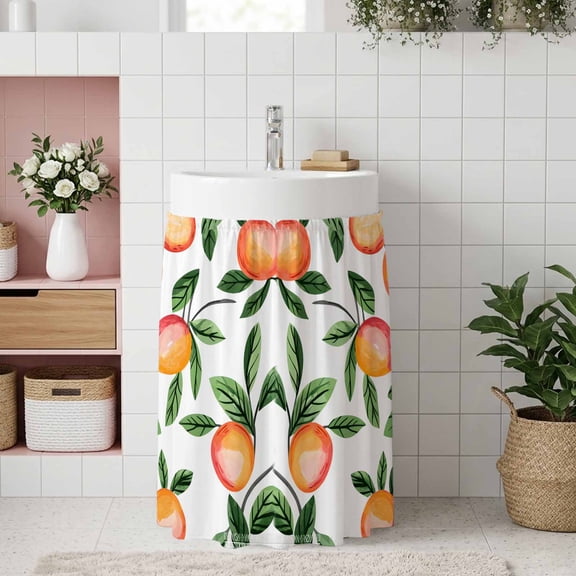 Small Cabinet Curtain 11''W x 13''L, Summer Fruits Under Sink Cover Drapes, Spring Orange Peach Green Botanical Self Adhesive Cabinet Skirt for Kitchen/Bathroom Vanity/Laundry Room/Open Shelf