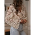 thumbnail image 4 of Womens Hollow Lace Shirt with Flower Pattern V-Neck Long Sleeved Cardigan Top Cream White M, 4 of 9