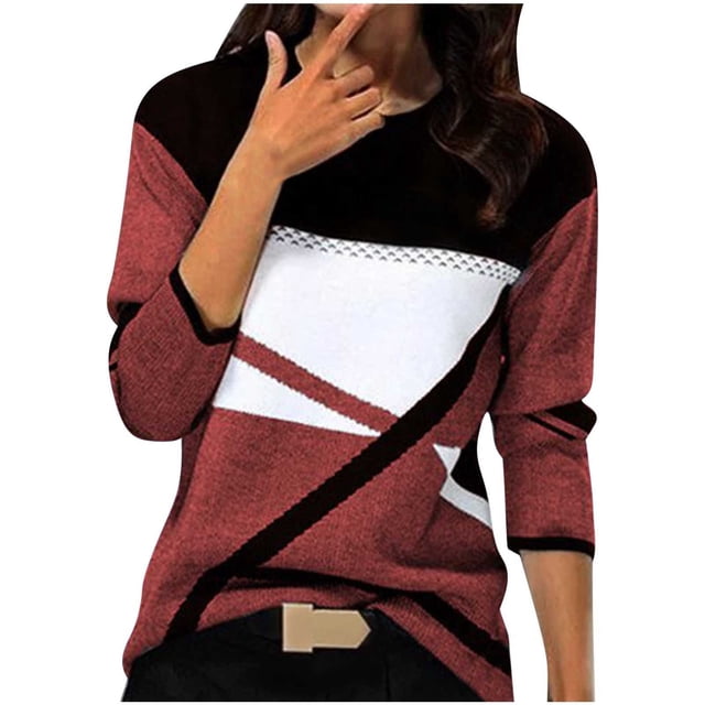 AherBiu Hauts Grande Taille pour Femmes Tendance Automne 2024 Chemises à Manches Longues Col Rond Décontracté Pull à Blocs de Couleur