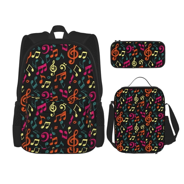 Balery Music Notes Mochila escolar 3 en 1 para niños: mochila resistente con lonchera térmica y estuche para lápices. Mochila escolar para niños y niñas.