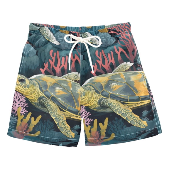 Green Sea Turtle in The Sea Boys Swim Trunks Quick Dry Boy Swim Shorts for 3-14 Years
