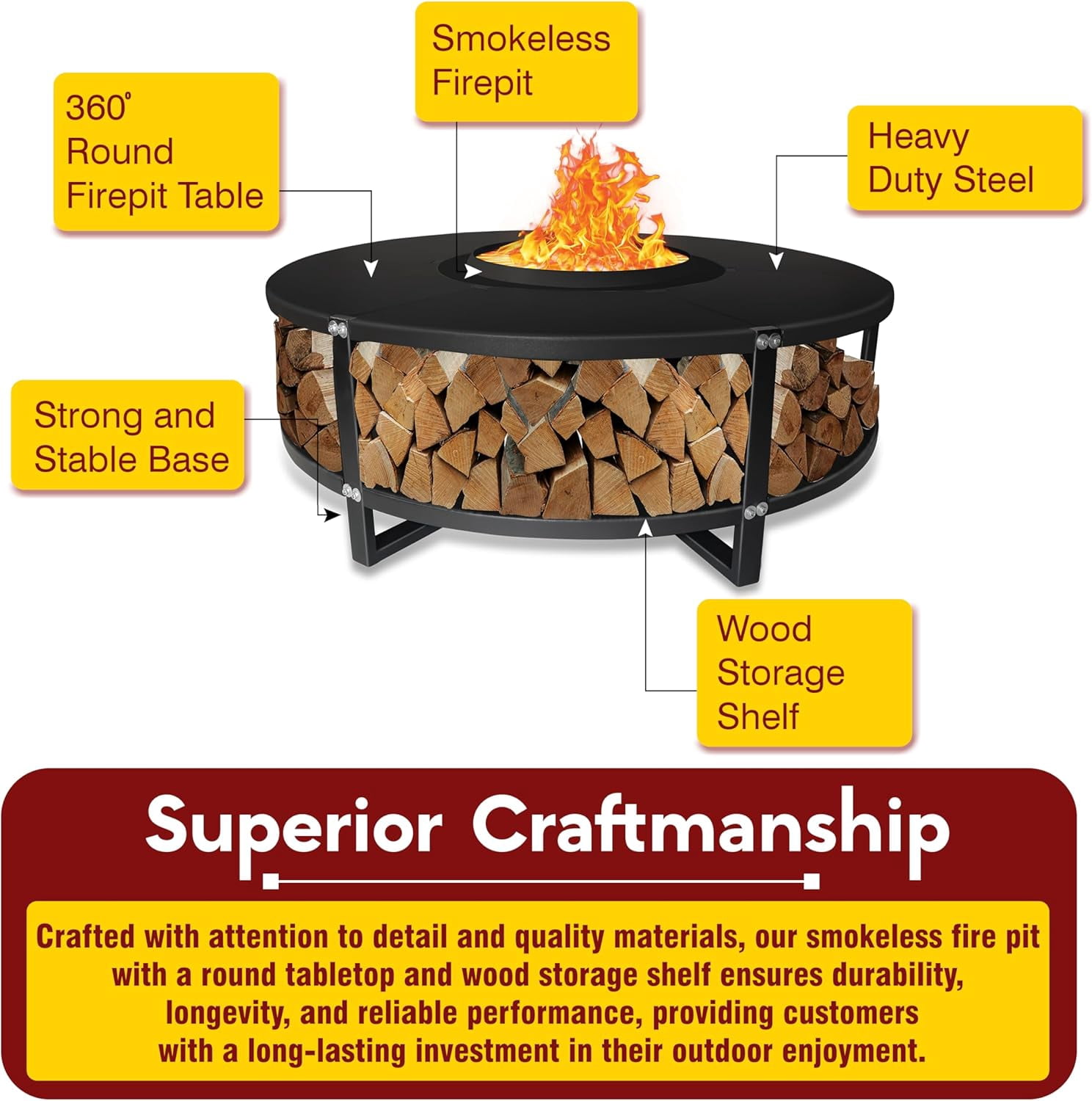 21.6" Smokeless Fire Pit with Round Tabletop and Firewood Storage Shelf - Durable Carbon Steel Bonfire Fire Pit - Smokeless Fire Pits for Outside Gathering