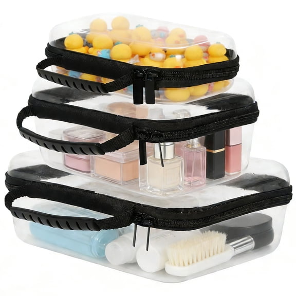 3Pcs Clear Hard Shell Zipper Case Portable Makeup Storage Box Waterproof Storage Bins Cosmetic Bag for Toiletry Travel