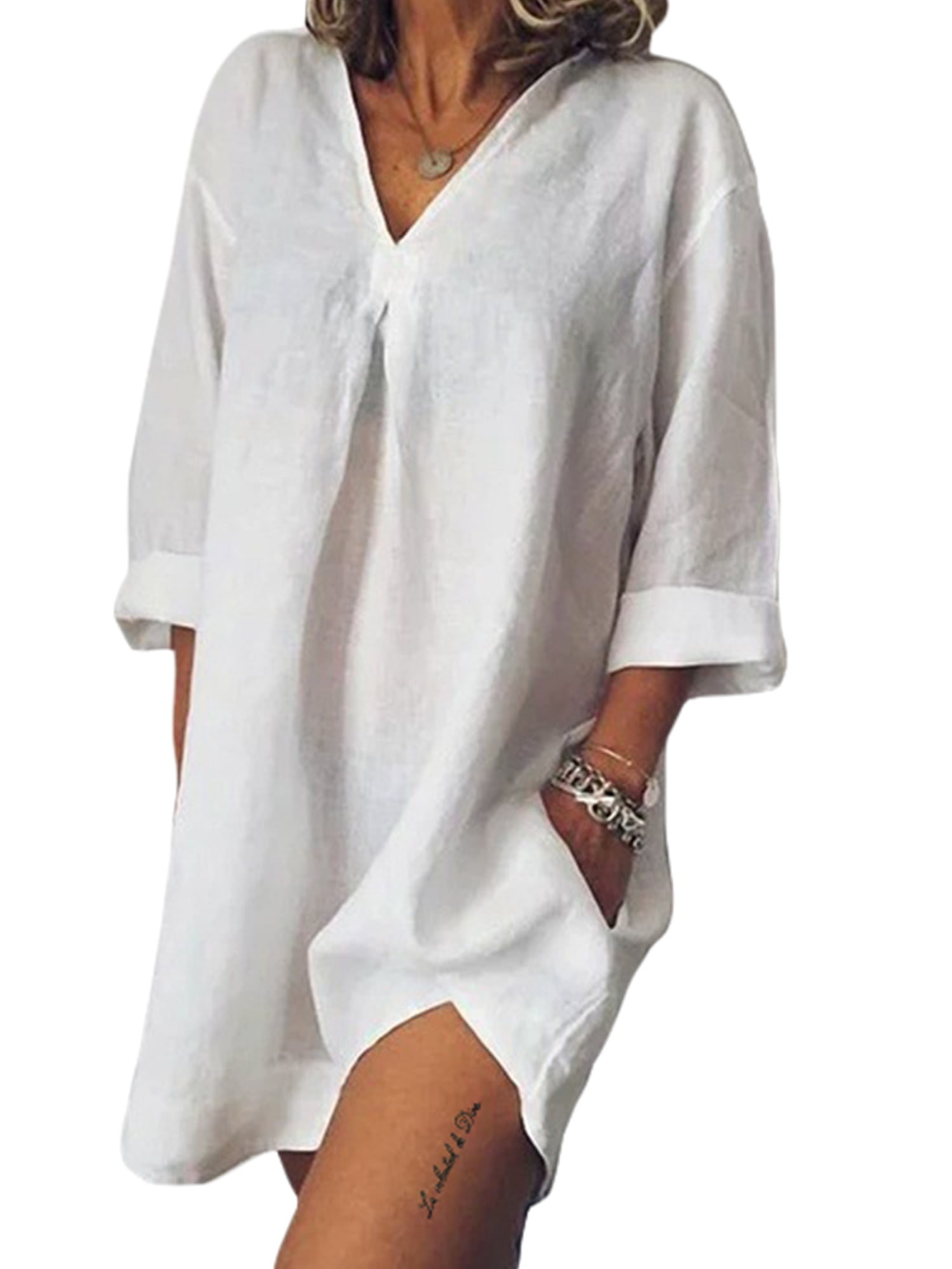 Womens T-Shirt Dress Summer Casual Short Sleeve A-Line V-Neck Linen Blouse Dress with Pockets 