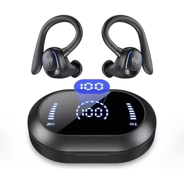 Auriculares Inalámbricos Deportivos Bluetooth Con Ganchos Color Negro Luz Verde Oscuro