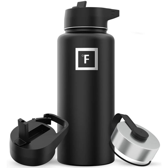 IRON °FLASK Frasco de hidratación para camping y senderismo con 3 tapas - Botella de agua de acero inoxidable, doble pared y aislada al vacío - A prueba de fugas y sin BPA (negro medianoche, pajita -