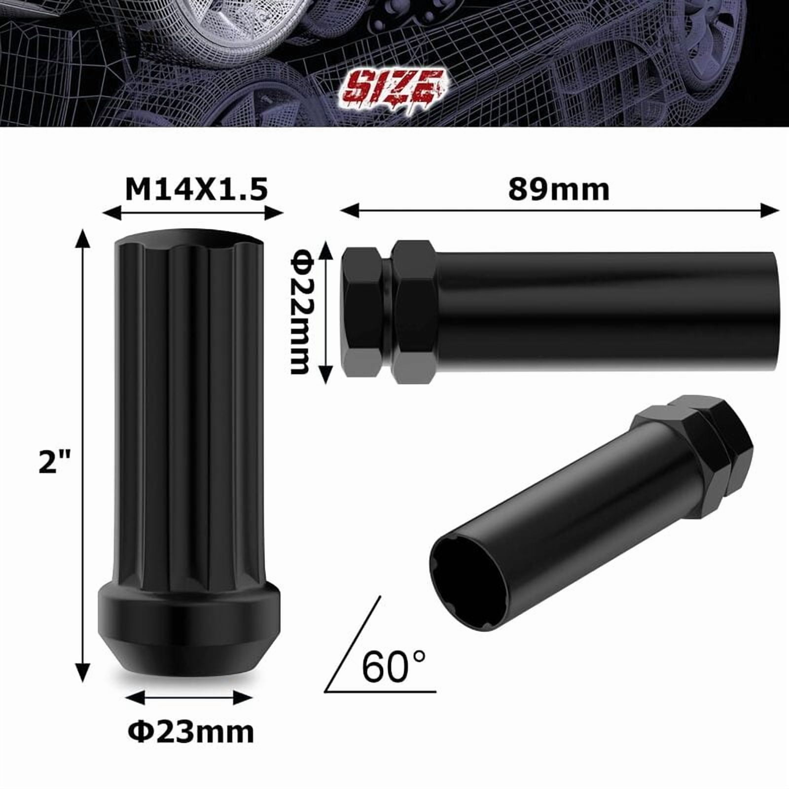 Richeer M14x1.5 Lug Nuts for Silverado Suburban Sierra 1500 Escalade Tahoe Traverse Yukon, 24pcs 14x1.5 Black Lug Nuts Long Extended XL 7 Spline with Socket Key for 6 Lug Aftermarket Wheels