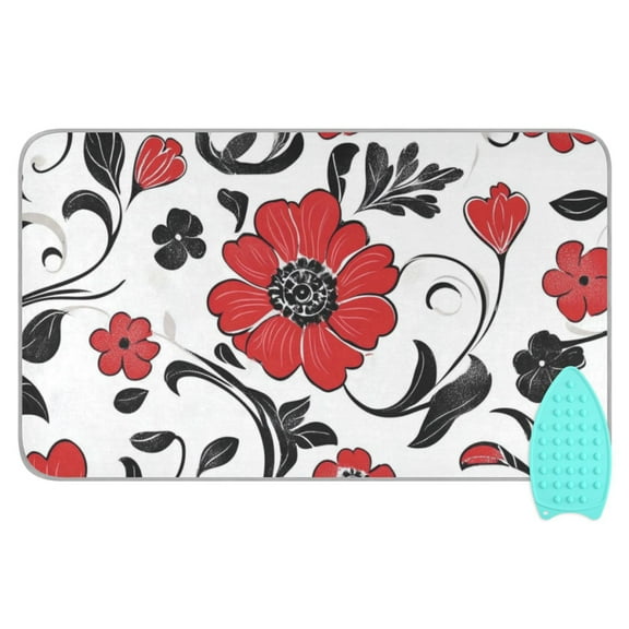 Red Flowers Black Leaves Ironing Mat Blanket Portable Travel Ironing Pad Heat Resistant Pad 47.2" x 27.6”