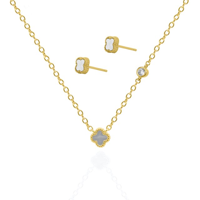 Mercie Sterling Silver Gold Vermeil Gold Clover Necklace and Stud Earrings Set, Designer-Inspired Jewellery for Women