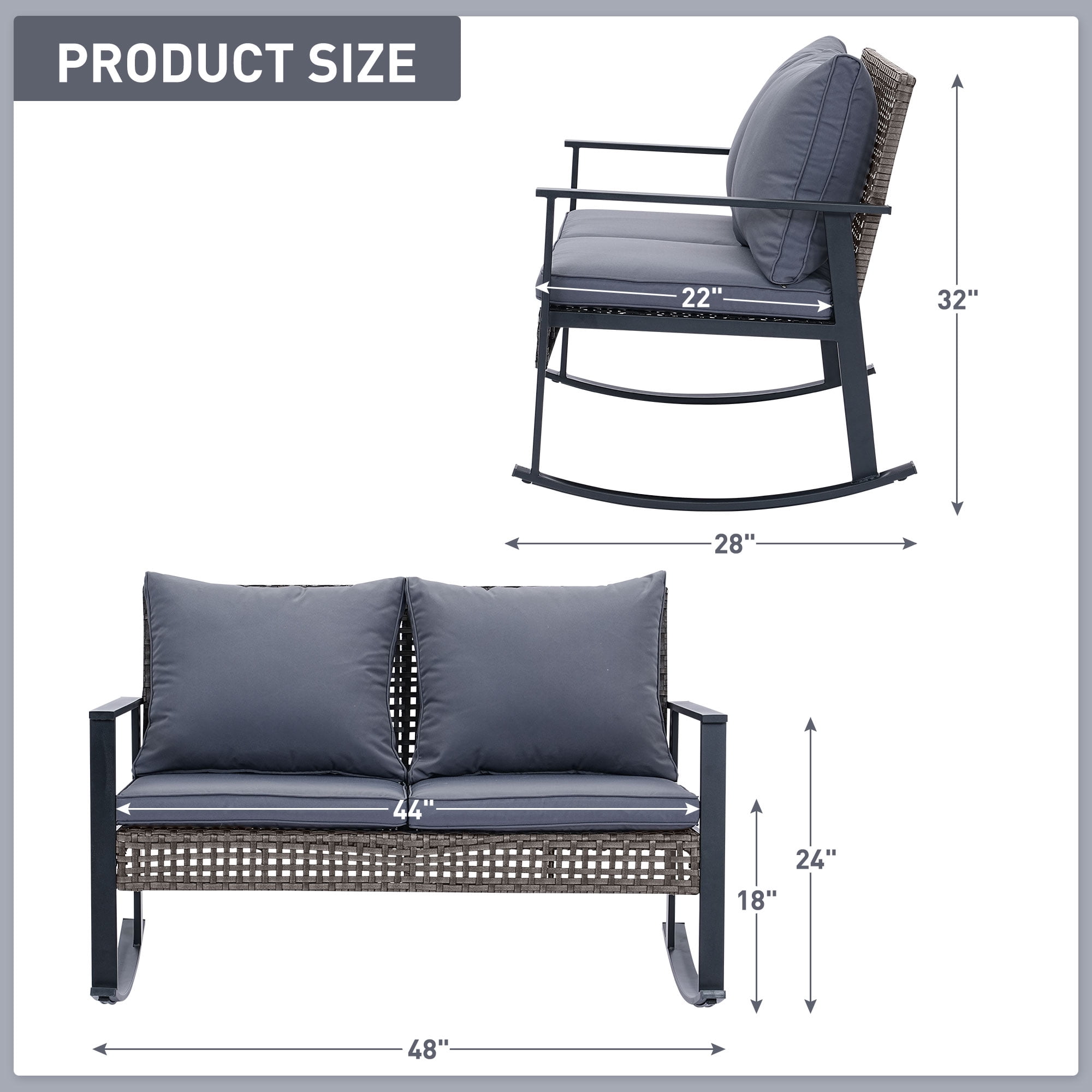 Ainfox Outdoor Patio Furniture Rocking Loveseat, Wicker Rattan Sofa,Grey