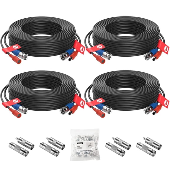 ZOSI 4 Pack 65Feet 20m BNC Video Power Cable Security Camera Wire Cord for Surveillance CCTV DVR Surveillance System