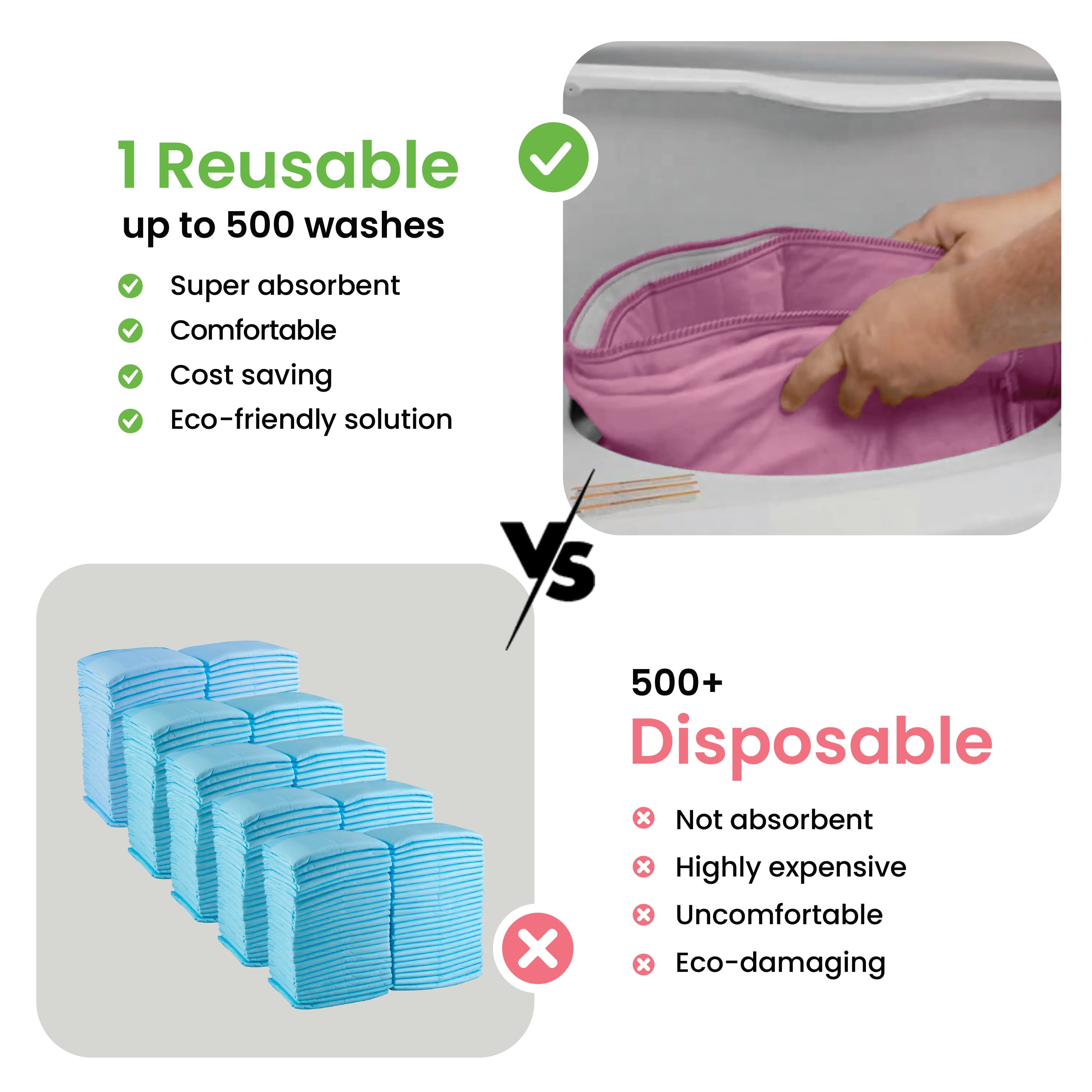 Improvia Washable Bed Pads for Incontinence, Waterproof Reusable, 18 x 24 in, 4-Pack (Pink & White)