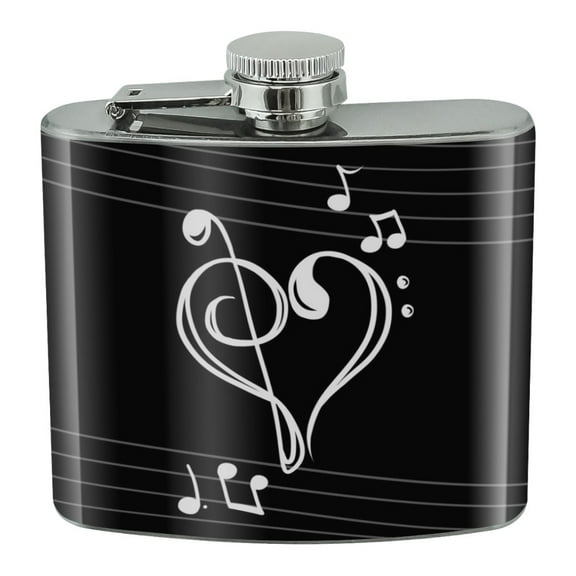 Treble Bass Clef Heart Music Black Stainless Steel 5oz Hip Drink Kidney Flask