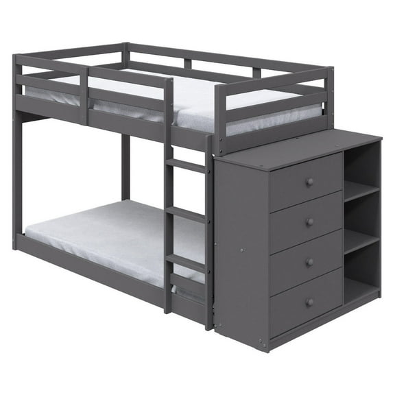 Benzara Classic Twin Bunk Bed with Cabinet, 4 Drawers, 3 Compartments, Ladder, Gray