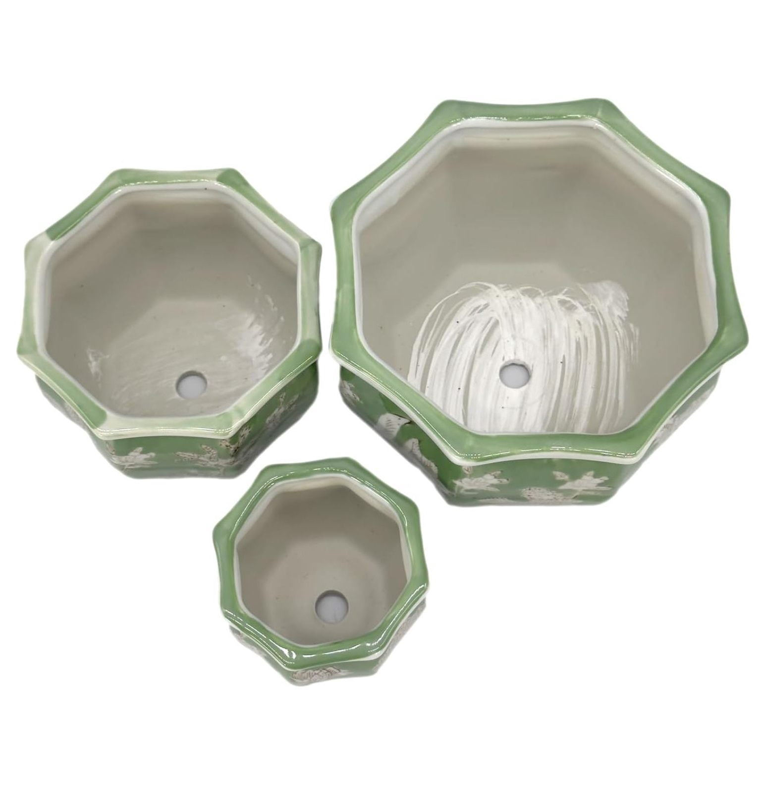 Green & White Floral Porcelain Ceramic Decorative Flower Pot 8"/6"/4.5" Garden Pots Chinese Asian Design - Set of 3 Green Fluted