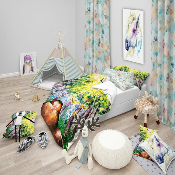 Designart 'Brown Dog in Forest' Modern kids Duvet Cover Set