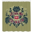 thumbnail image 3 of Kiss Me Shower Curtain, Kiss Quote with Flower and Leaf Silhouettes Typography Illustration, Fabric Bathroom Set with Hooks, 69W X 70L Inches, Ruby Pale Green Dark Teal, by Ambesonne, 3 of 3