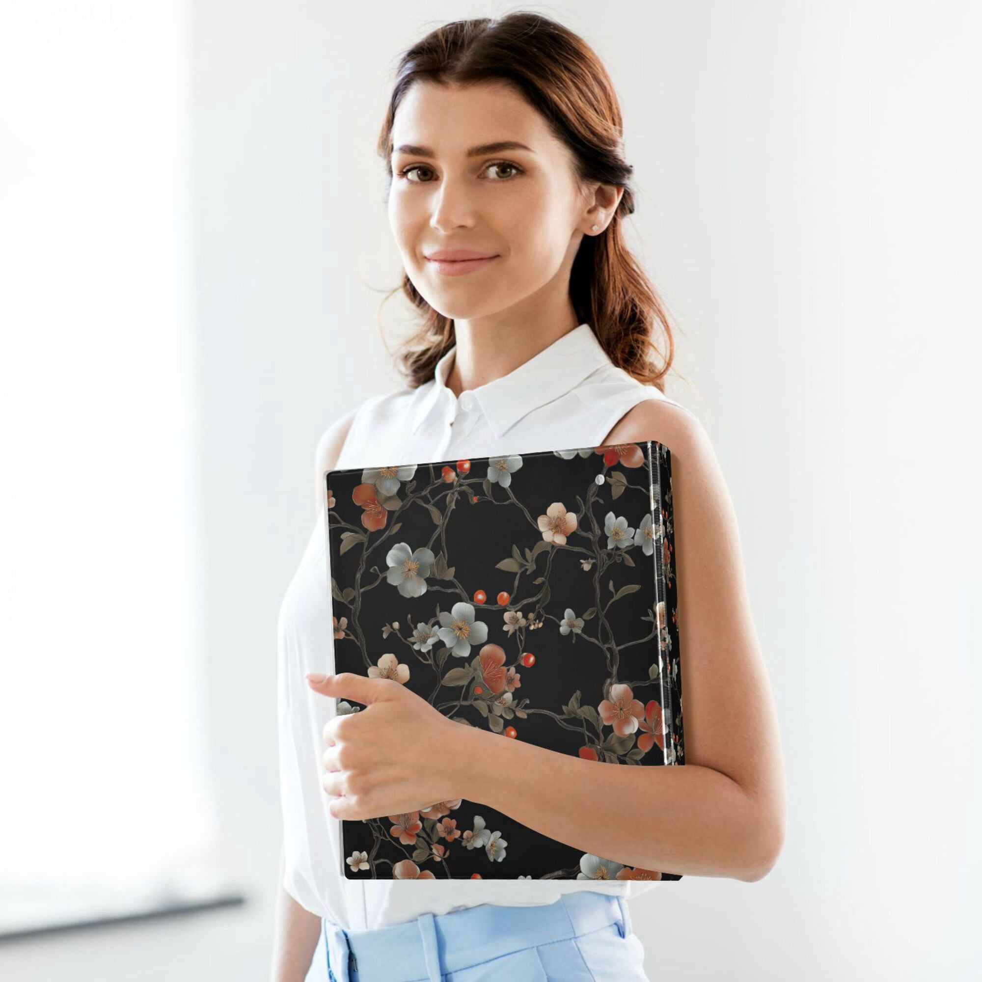 FORMRS 3 Ring Binder with Pockets 1.5" D-Rings Clip Board 200 Sheets Capacity, Black Flowers